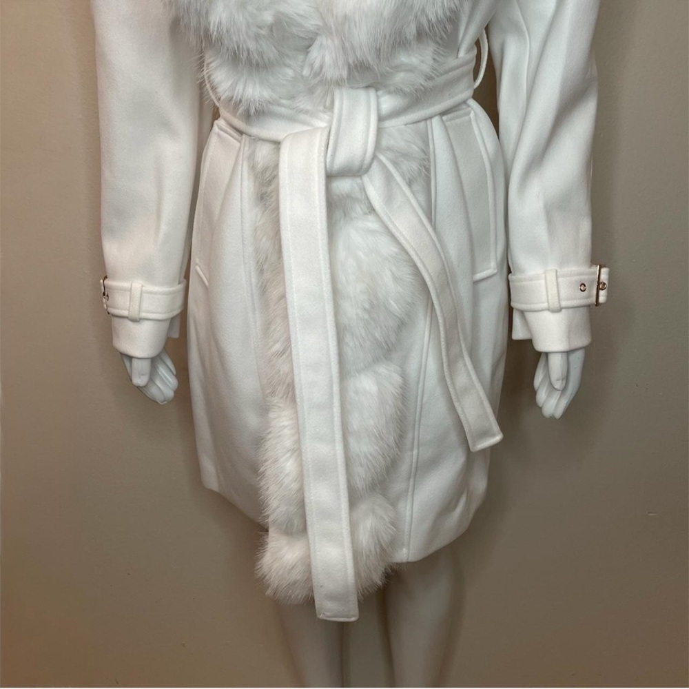 White removable faux fur belted wrap pea coat - Picture 3 of 12